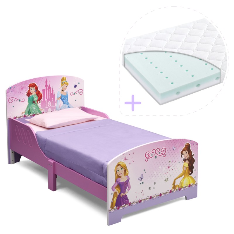 Set pat cu cadru din lemn Disney Princess Friendship si saltea pentru patut Dreamily - 140 x 70 x 10 cm