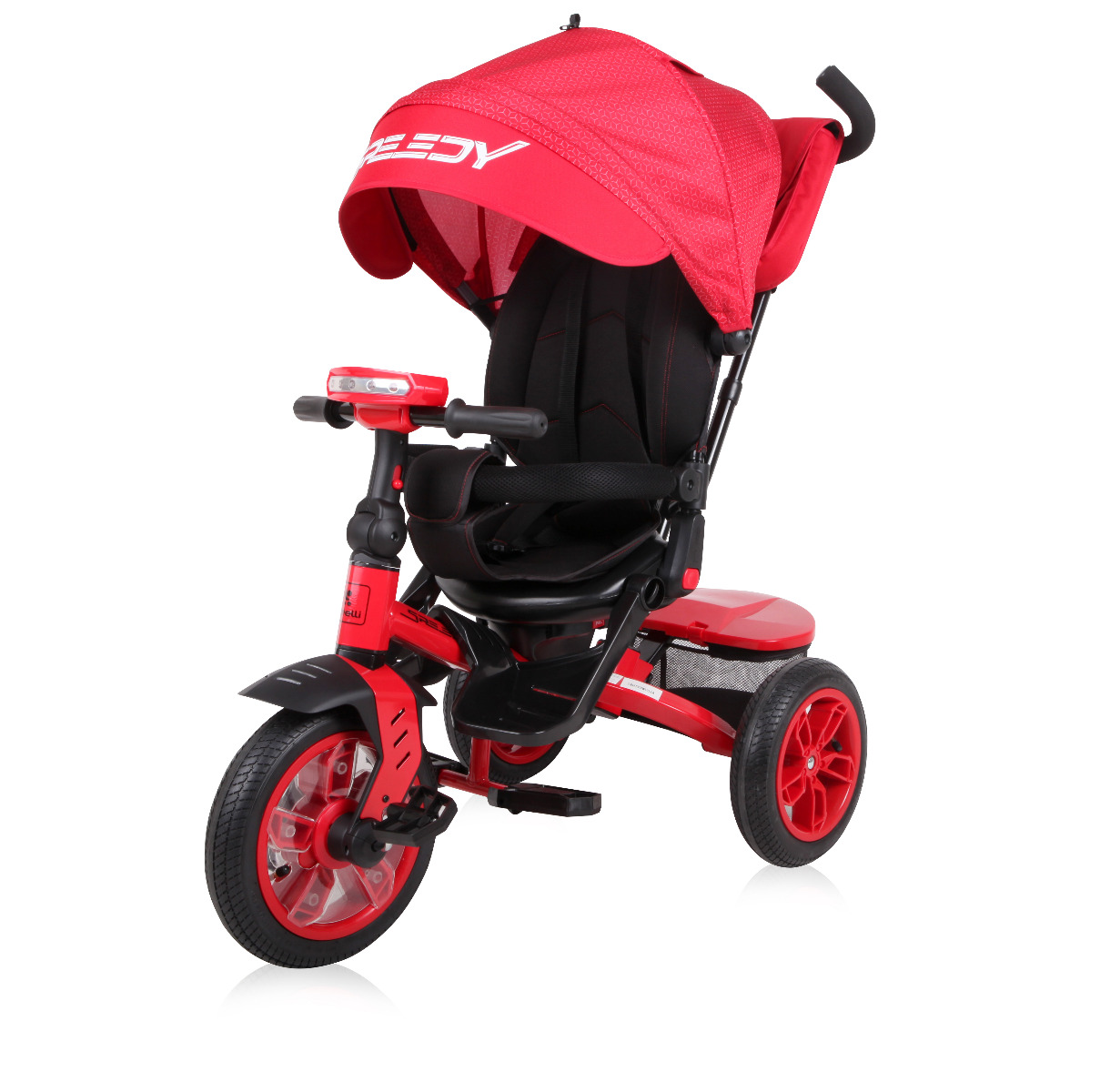 Tricicleta multifunctionala 4in1, Speedy, roti cu camera, scaun rotativ, Red & Black