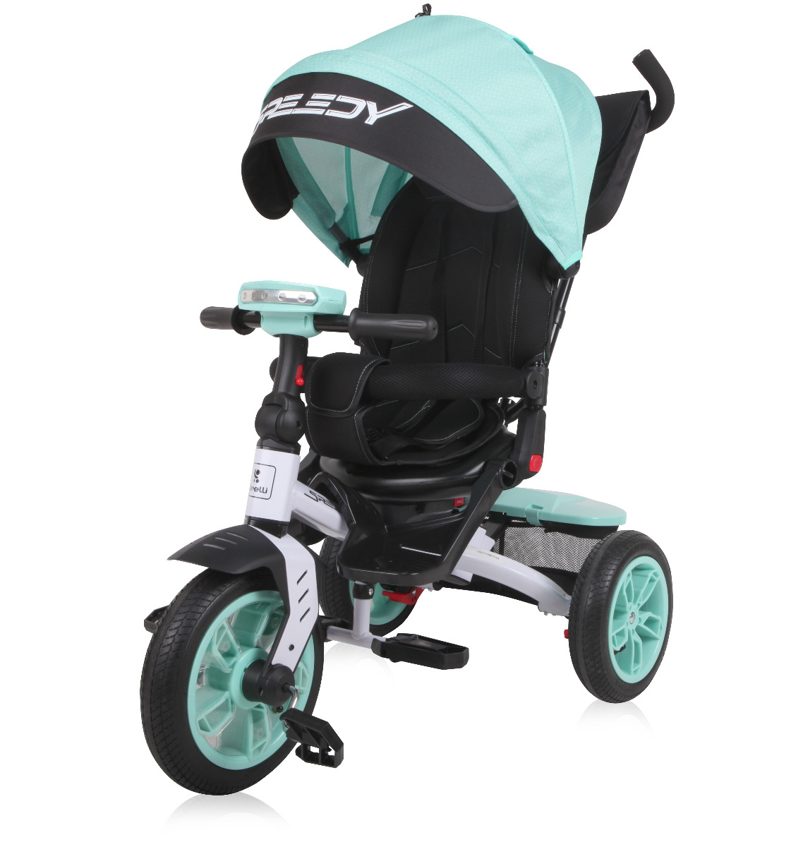 Tricicleta multifunctionala 4in1, Speedy, roti cu camera, scaun rotativ, Green & Black