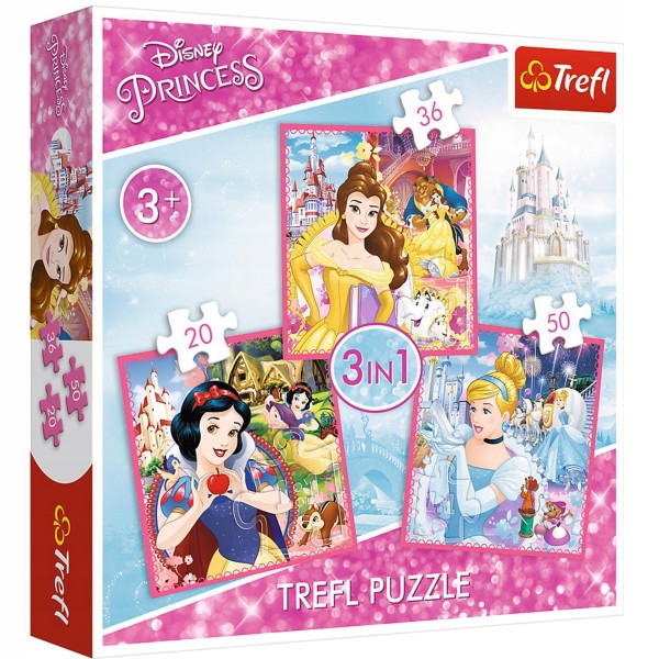 Set puzzle 3 in 1 Trefl Disney Princess, Lumea fermecata a printeselor, 1x20 piese, 1x36 piese, 1x50 piese