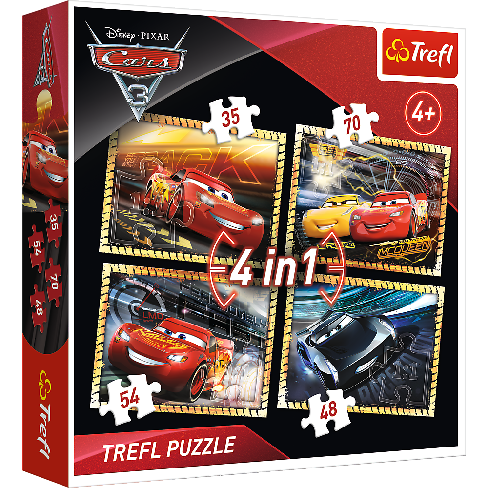 Set puzzle 4 in 1 Trefl Disney Cars, Gata de cursa 1x35 piese, 1x48 piese, 1x54 piese, 1x70 piese