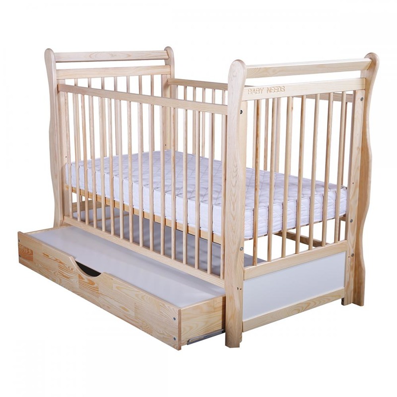 BabyNeeds Patut din lemn Jas 120x60 cm cu sertar Natur + Saltea 10 cm image 2