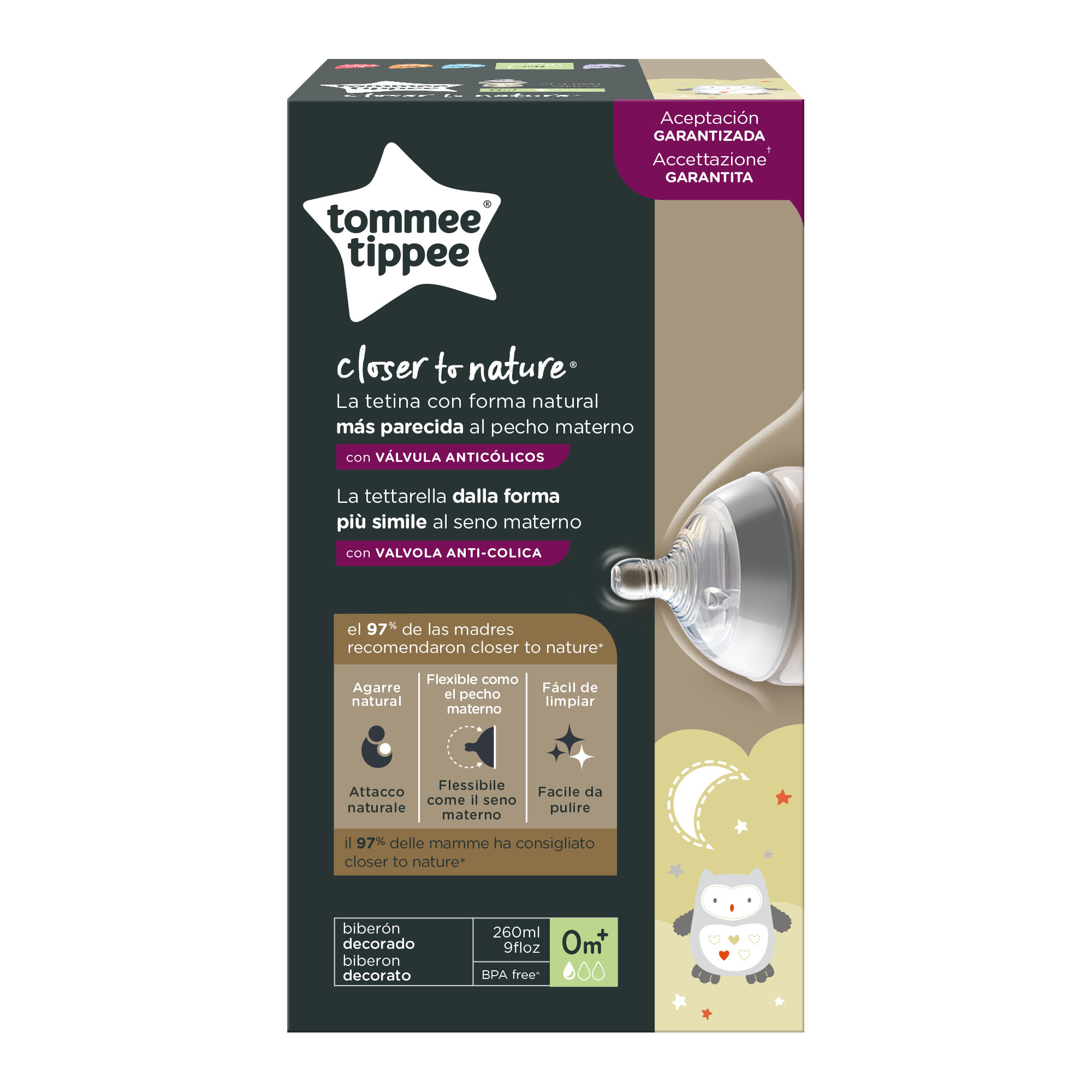 Biberon Tommee Tippee Closer to Nature, 260 ml, PP, Bufnita, 0 luni +, 1 buc image 1
