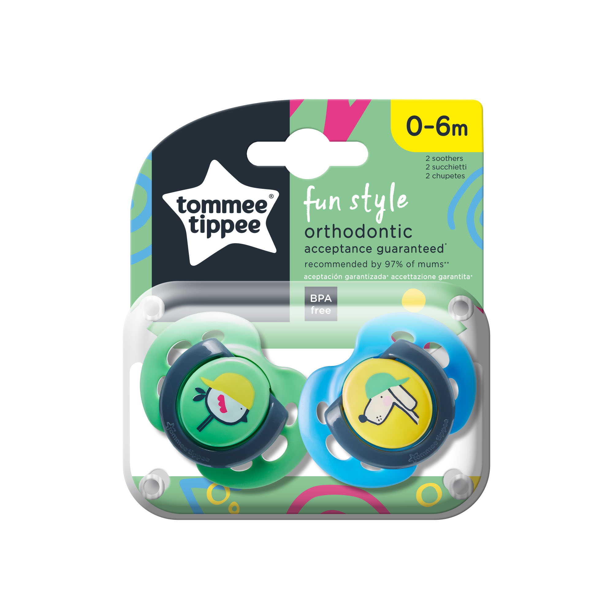 Suzeta ortodontica de zi Tommee Tippee Fun, 0-6 luni, Pasare si Caine, 2 buc