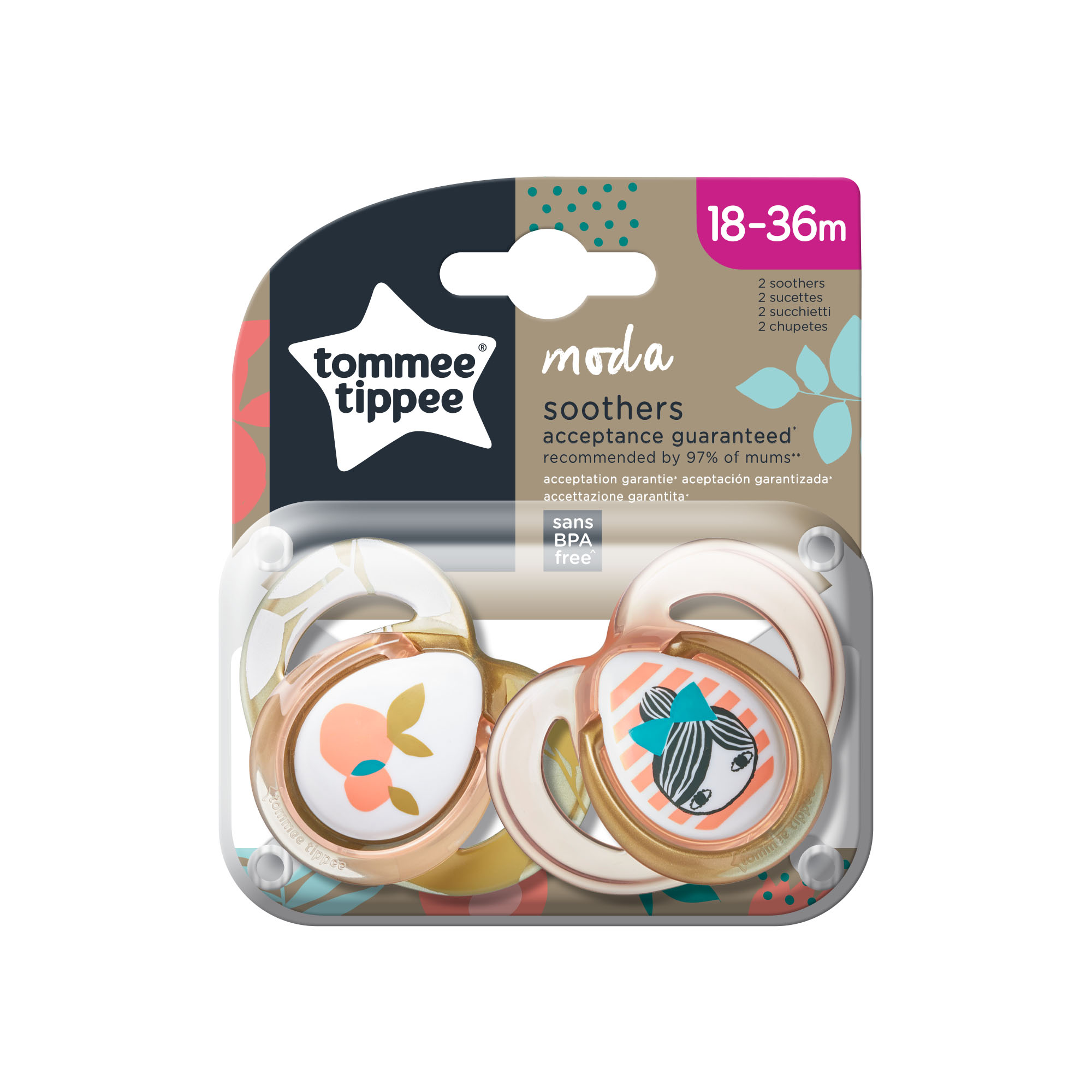 Suzeta ortodontica Tommee Tippee Moda, 18-36 luni, Desene fete, 2 buc