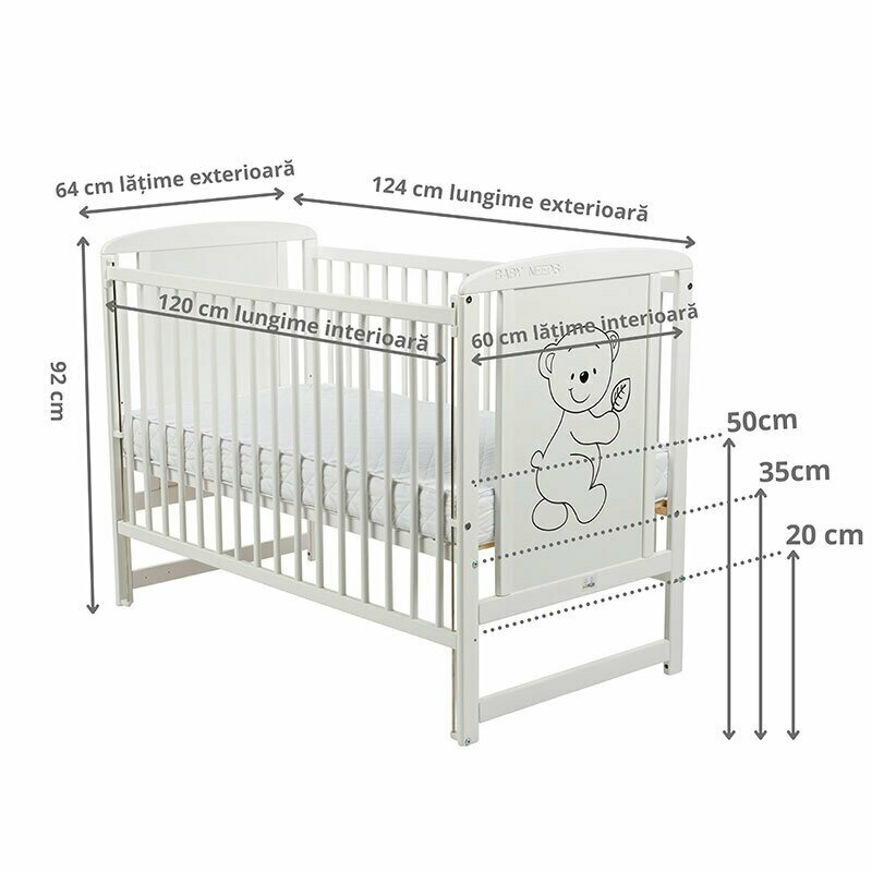 BabyNeeds - Patut din lemn Timmi 120x60 cm, cu laterala culisanta, Alb image 6