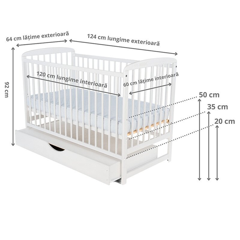 BabyNeeds - Patut din lemn Ola 120x60 cm, cu sertar, Alb + Saltea 10 cm image 3