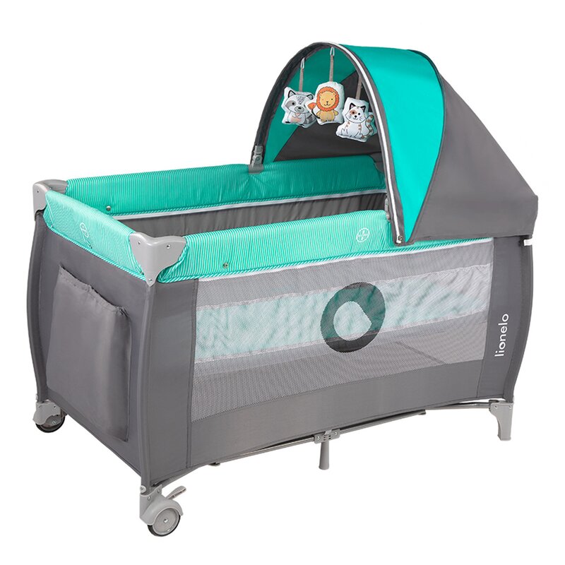 Lionelo - Patut pliant cu doua nivele Sven Plus, 120x60 cm, arcada jucarii, masuta de infasat, vibratii, melodii, Turcoaz/Gri image 4