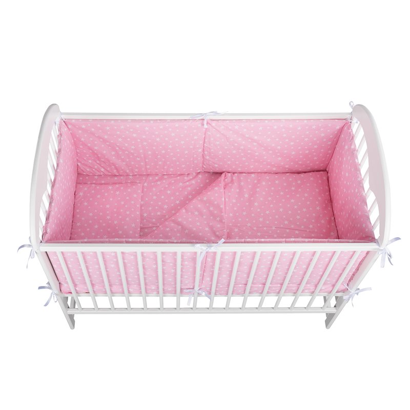 BabyNeeds - Lenjerie patut 5 piese, Cu doua protectii laterale, Pernuta, Plapumioara, Cearceaf, Din bumbac, Pentru patut 120x60 cm, Roz cu stelute albe image 2