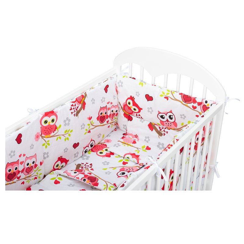 BabyNeeds - Lenjerie patut 5 piese, Cu doua protectii laterale, Pernuta, Plapumioara, Cearceaf, Din bumbac, Pentru patut 120x60 cm, Bufnite, Rosu image 4