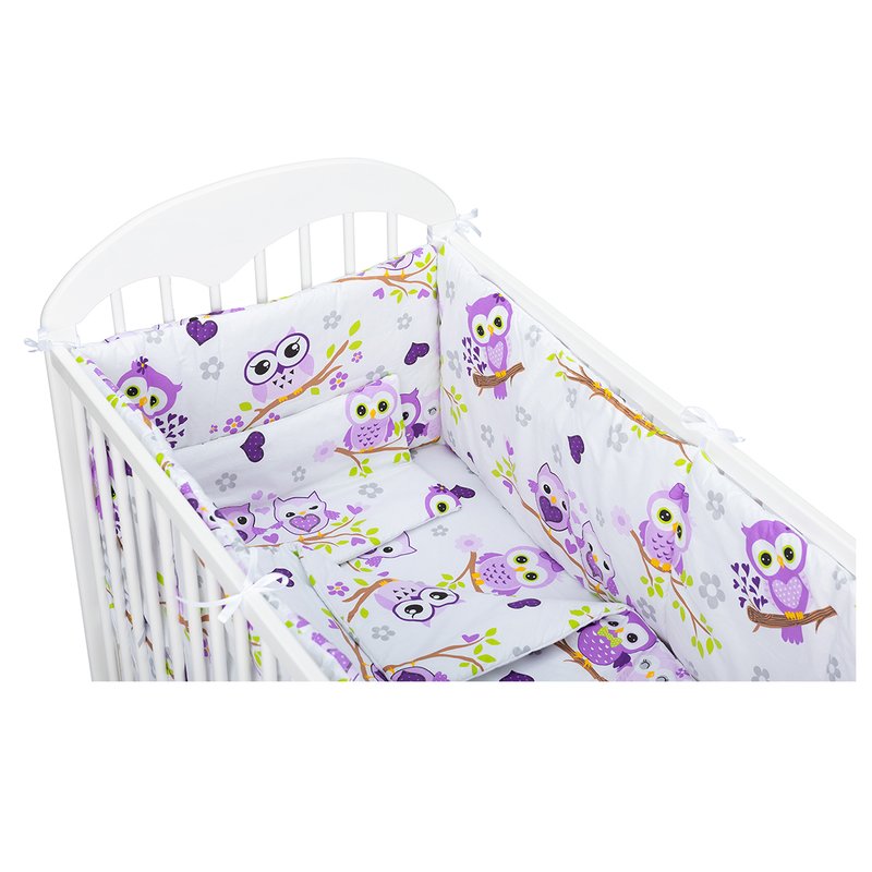 BabyNeeds - Lenjerie patut 5 piese, Cu doua protectii laterale, Pernuta, Plapumioara, Cearceaf, Din bumbac, Pentru patut 120x60 cm, Bufnite, Mov image 1