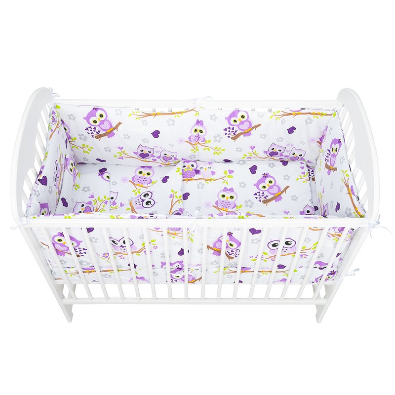 BabyNeeds - Lenjerie patut 5 piese, Cu doua protectii laterale, Pernuta, Plapumioara, Cearceaf, Din bumbac, Pentru patut 120x60 cm, Bufnite, Mov image 3