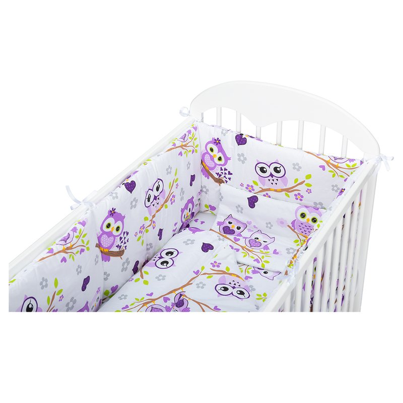 BabyNeeds - Lenjerie patut 5 piese, Cu doua protectii laterale, Pernuta, Plapumioara, Cearceaf, Din bumbac, Pentru patut 120x60 cm, Bufnite, Mov image 5