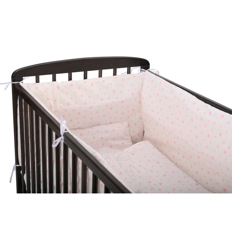 BabyNeeds - Lenjerie patut 5 piese, Cu doua protectii laterale, Pernuta, Plapumioara, Cearceaf, Din bumbac, Pentru patut 120x60 cm, Alb cu stelute roz image 1