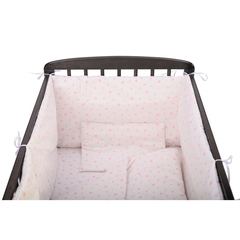 BabyNeeds - Lenjerie patut 5 piese, Cu doua protectii laterale, Pernuta, Plapumioara, Cearceaf, Din bumbac, Pentru patut 120x60 cm, Alb cu stelute roz image 2