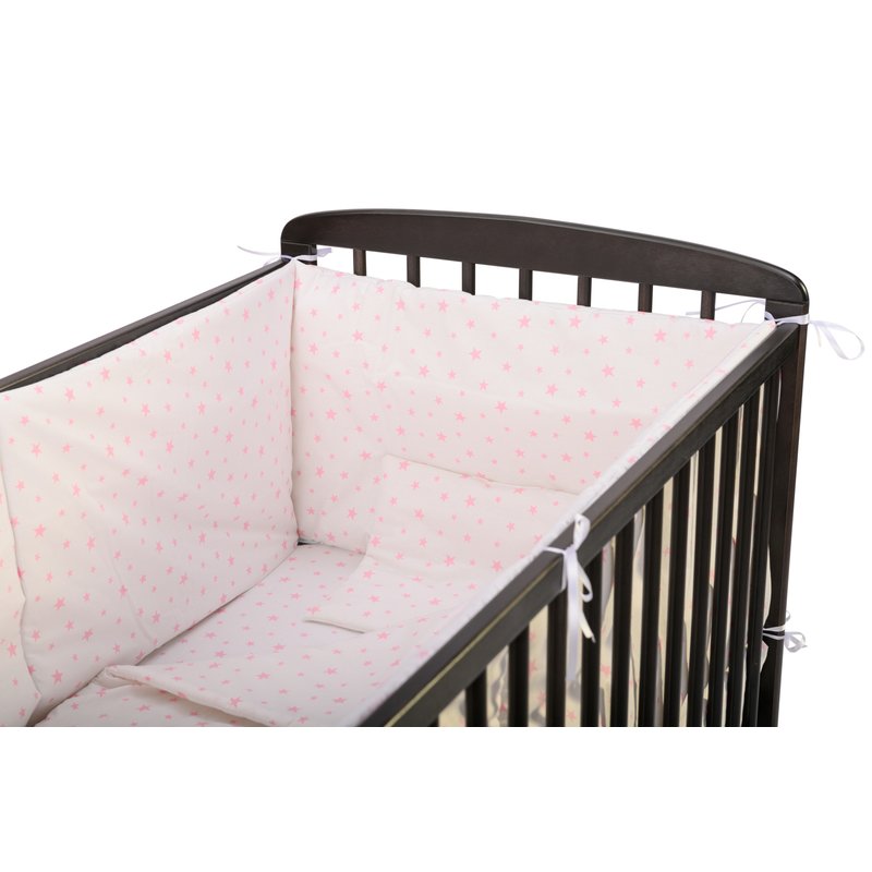 BabyNeeds - Lenjerie patut 5 piese, Cu doua protectii laterale, Pernuta, Plapumioara, Cearceaf, Din bumbac, Pentru patut 120x60 cm, Alb cu stelute roz image 4
