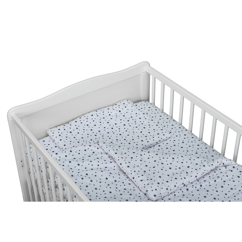 Babyneeds - Lenjerie patut 3 piese, Cu pernuta, Plapumioara, Cearceaf, Din bumbac, Pentru patut 140x70 cm, Alb cu stelute albastre