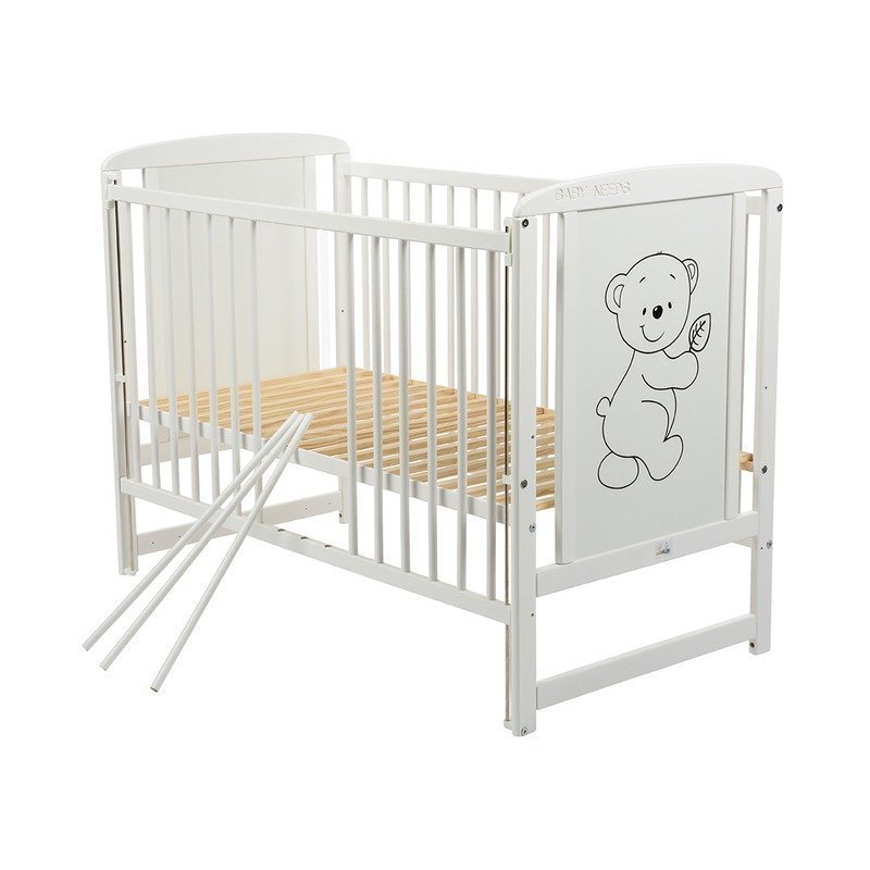BabyNeeds - Patut din lemn Timmi 120x60 cm, cu laterala culisanta, Alb + Saltea 8 cm image 4