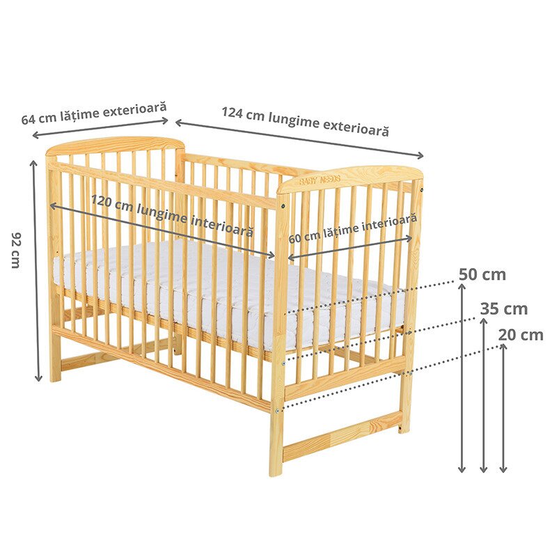BabyNeeds - Patut din lemn Ola 120x60 cm, Natur + Saltea 12 cm image 3