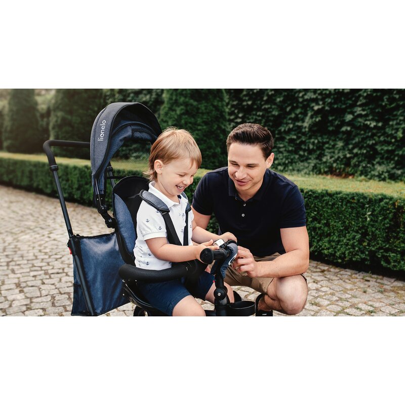 Lionelo - Tricicleta Tris Jeans Mecanism de pedalare libera, Suport picioare, Control al directiei, Scaun reversibil, Rotire 360 grade, Pliabila, Albastru image 29