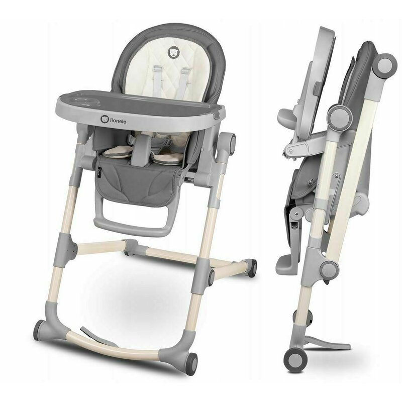 Lionelo - Scaun de masa Reglabil Cora Stone Pliabil din Metal, Plastic, Bumbac, Gri