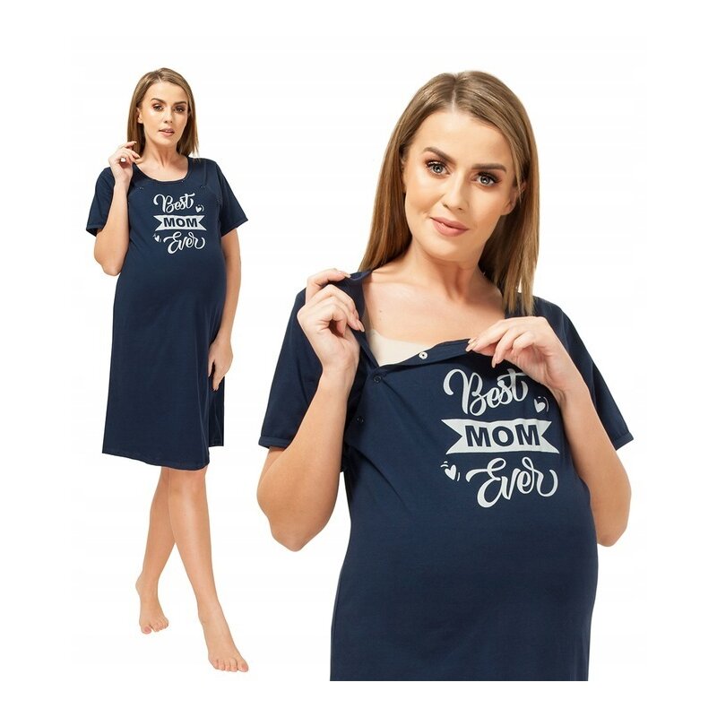 Qmini - Camasa de alaptat, S, Din bumbac, Cu capse oblice, Best Mom Ever, Navy Blue image 1