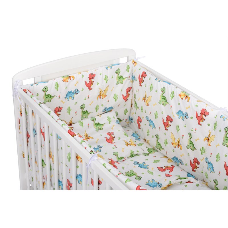 BabyNeeds - Lenjerie patut 5 piese, Cu doua protectii laterale, Pernuta, Plapumioara, Cearceaf, Din bumbac, Pentru patut 120x60 cm, Dinozauri, Alb