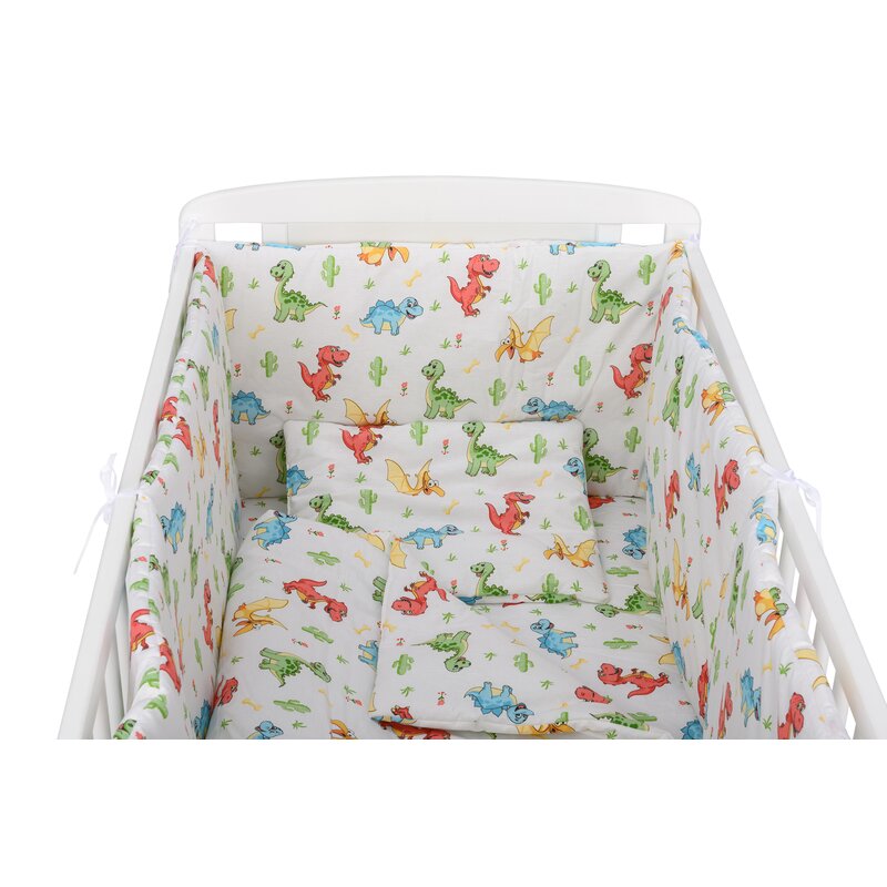 BabyNeeds - Lenjerie patut 5 piese, Cu doua protectii laterale, Pernuta, Plapumioara, Cearceaf, Din bumbac, Pentru patut 120x60 cm, Dinozauri, Alb image 2
