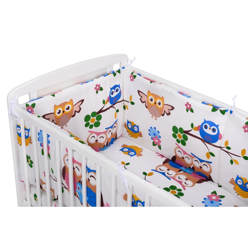 BabyNeeds - Lenjerie patut 3 piese, Cu doua protectii laterale, Cerceaf, Din bumbac, Pentru patut 120x60 cm, Bufnitele vesele, Alb