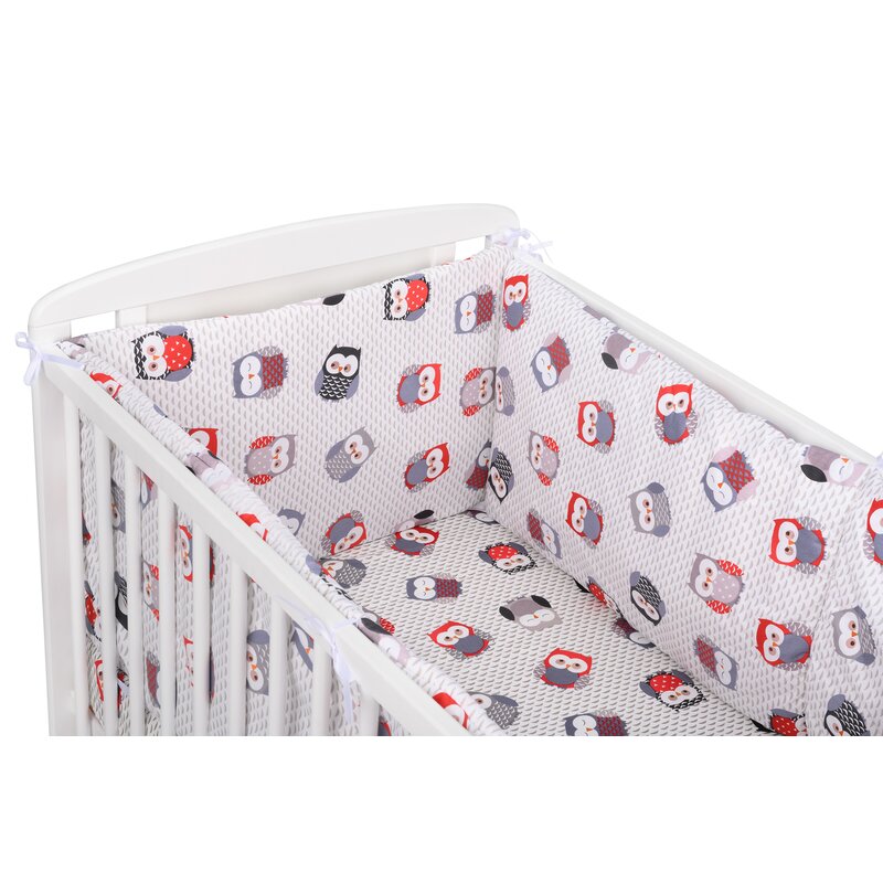 BabyNeeds - Lenjerie patut 3 piese, Cu doua protectii laterale, Cerceaf, Din bumbac, Pentru patut 120x60 cm, Bufnite, Gri-Rosu
