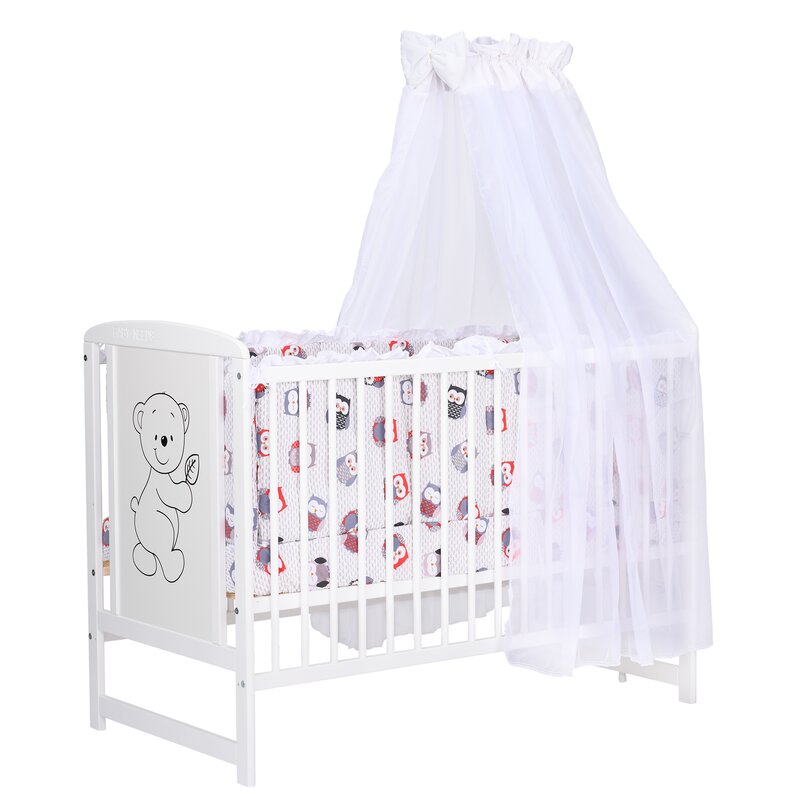 BabyNeeds - Lenjerie patut 6 piese, Cu baldachin, Cu doua protectii laterale, Pernuta, Plapumioara, Cearceaf, Din bumbac, Pentru patut 120x60 cm, Cu volanas, Bufnite, Gri-Rosu