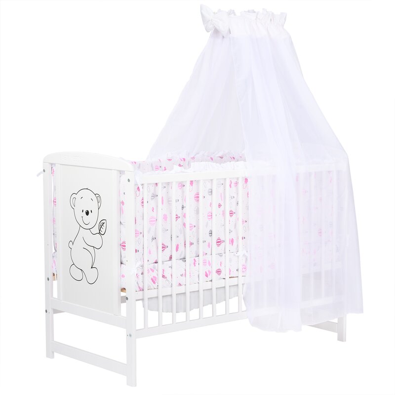 BabyNeeds - Lenjerie patut 6 piese, Cu baldachin, Cu doua protectii laterale, Pernuta, Plapumioara, Cearceaf, Din bumbac, Pentru patut 120x60 cm, Cu volanas, Baloane, Roz