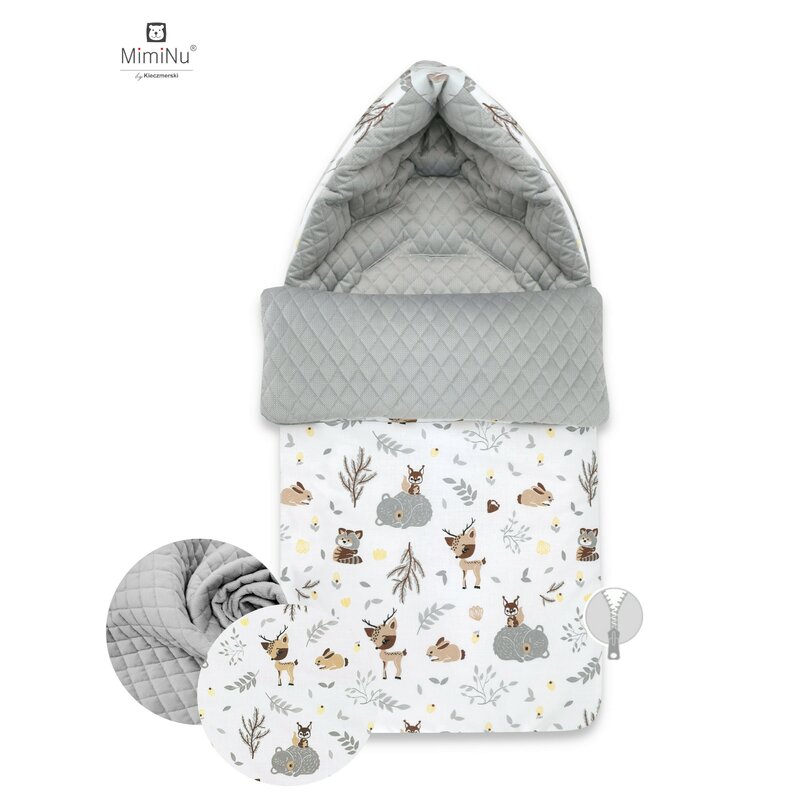 MimiNu - Sac de iarna universal, pentru carucior, scaun auto, saniuta, Forest friends Beige/Velvet Grey