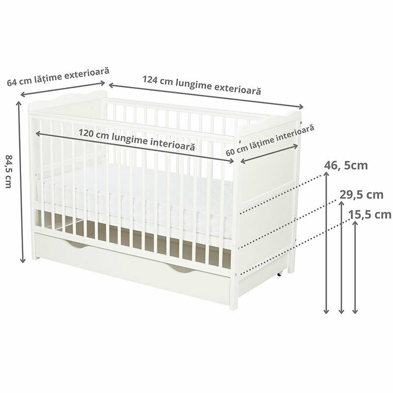 Qmini - Patut din lemn Julia 120x60 cm, multifunctional, cu sertar, Alb + Saltea 12 cm image 6