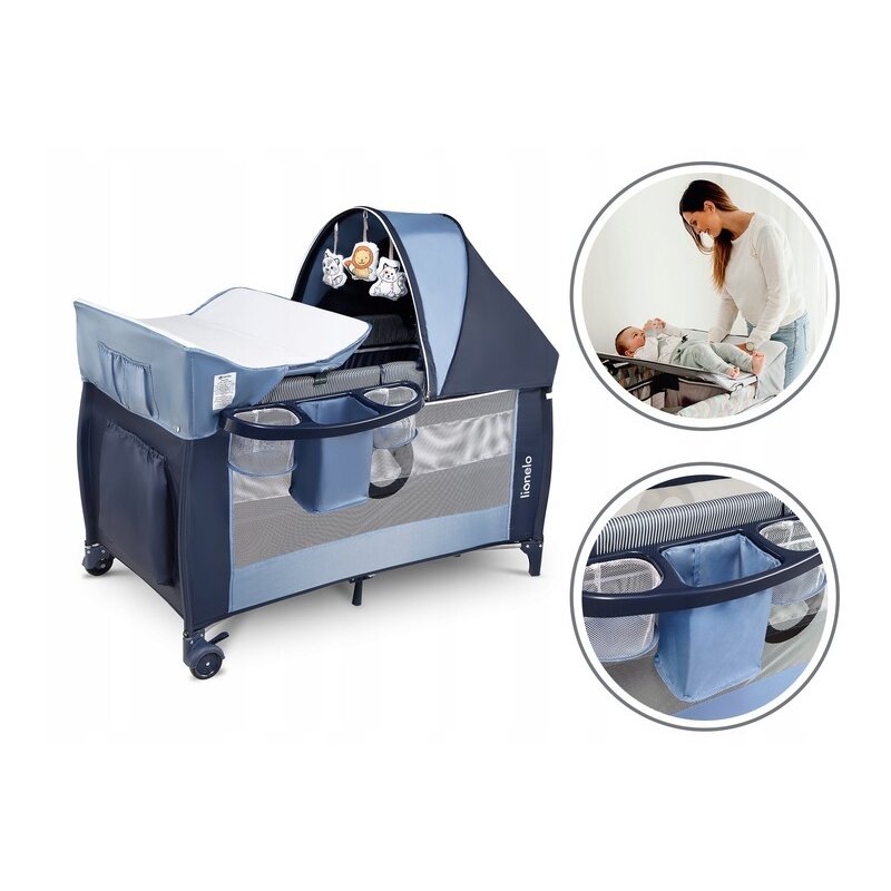 Lionelo - Patut pliant cu doua nivele Sven Plus, 120x60 cm, arcada jucarii, masuta de infasat, vibratii, melodii, Blue Navy image 5