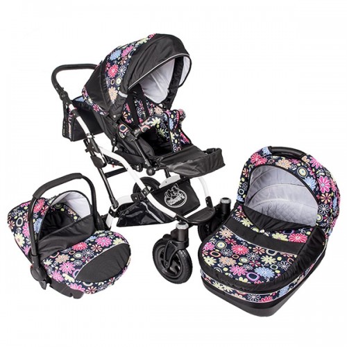 Carucior Hubners Dalia Lux 3 in 1 negru cu floricele multicolor