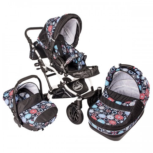 Carucior Hubners Dalia Lux 3 in 1 negru cu floricele albastre