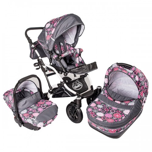 Carucior Hubners Dalia Lux 3 in 1 gri cu floricele roz