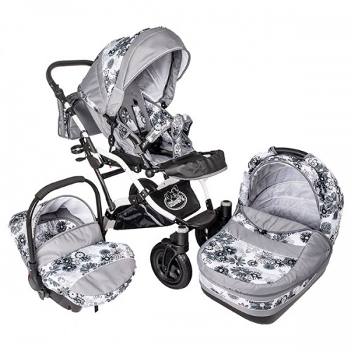Carucior Hubners Dalia Lux 3 in 1 alb cu floricele gri