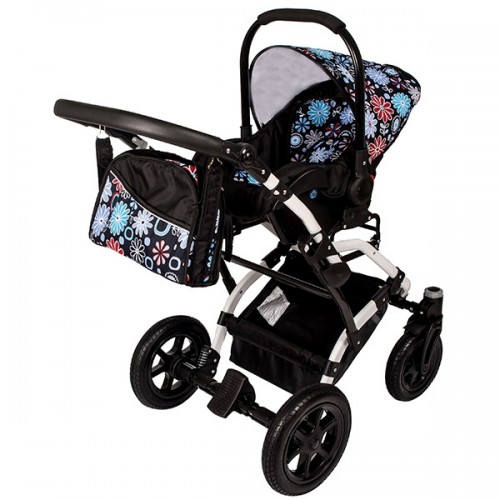 Carucior Hubners Dalia Lux 3 in 1 negru cu floricele albastre image 4