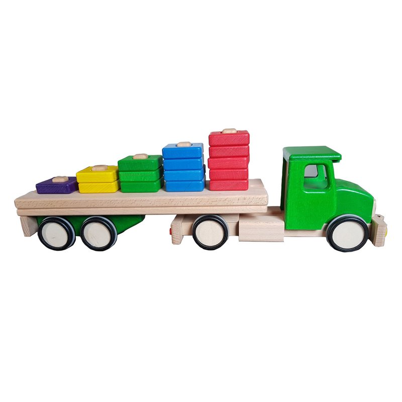 Lupo - Jucarie din lemn Camion cu semiremorca si blocuri de lemn Verde