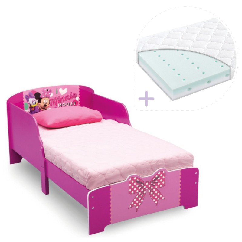 Set pat cu cadru din lemn Disney Minnie Bowtique si saltea pentru patut Dreamily - 140 x 70 x 10 cm