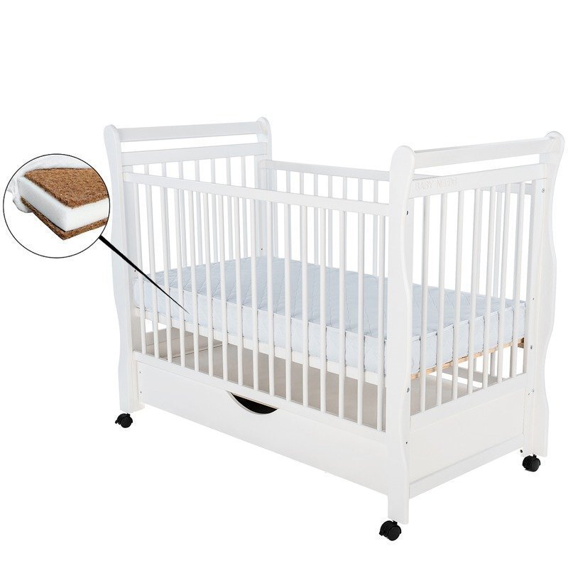 BabyNeeds - Patut din lemn Jas 120x60 cm, cu sertar, Alb + Saltea 8 cm