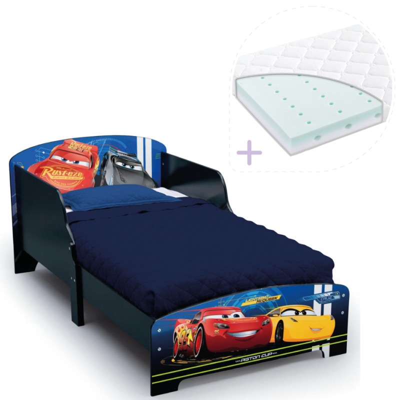 Set pat cu cadru din lemn Disney Cars Team si saltea pentru patut Dreamily - 140 x 70 x 10 cm