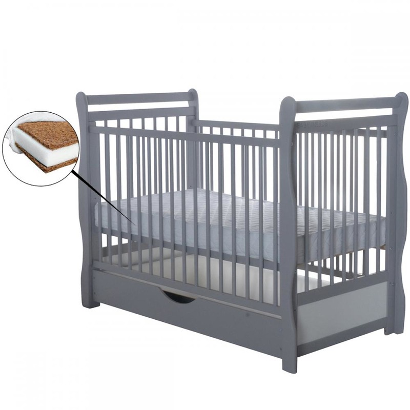 BabyNeeds Patut din lemn Jas 120x60 cm cu sertar Gri + Saltea 10 cm