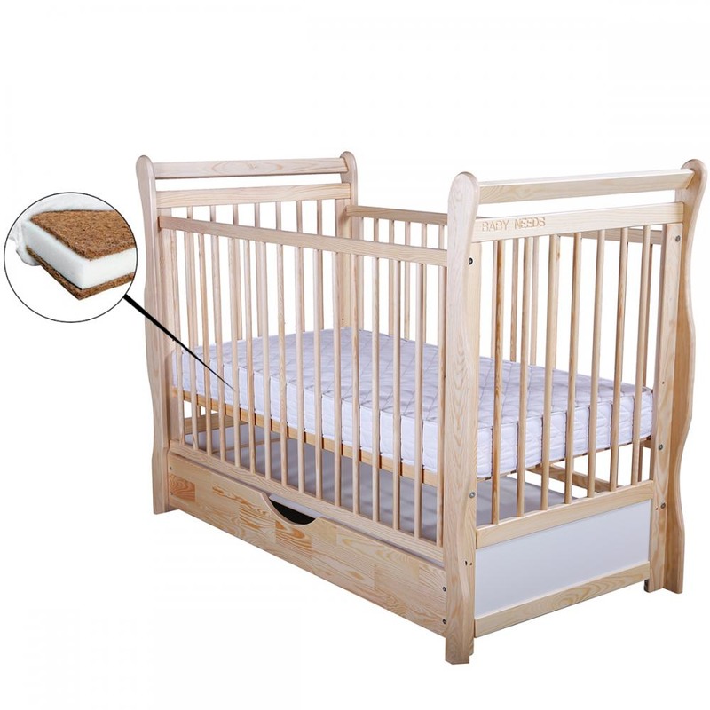 BabyNeeds Patut din lemn Jas 120x60 cm cu sertar Natur + Saltea 10 cm