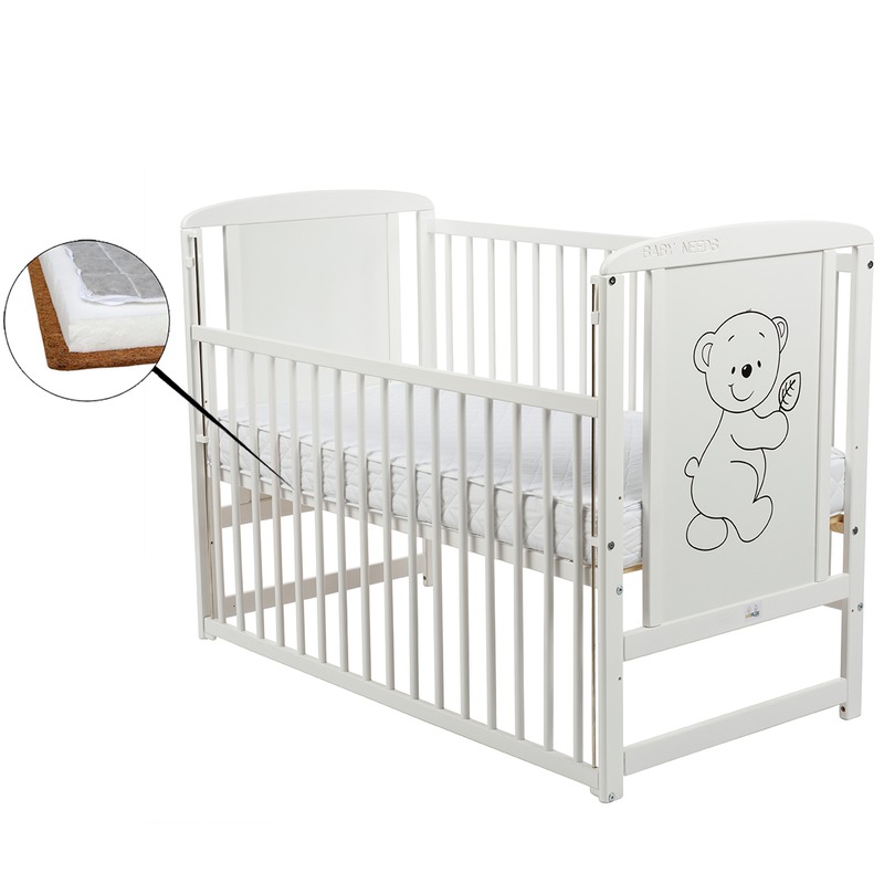 BabyNeeds Patut din lemn Timmi 120x60 cm cu laterala culisanta Alb + Saltea 9 cm