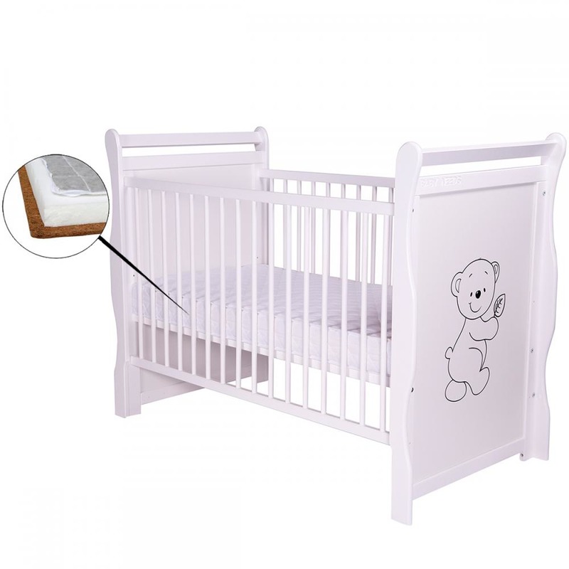 BabyNeeds Patut din lemn Jas Ursulet 120x60 cm Alb + Saltea 9 cm