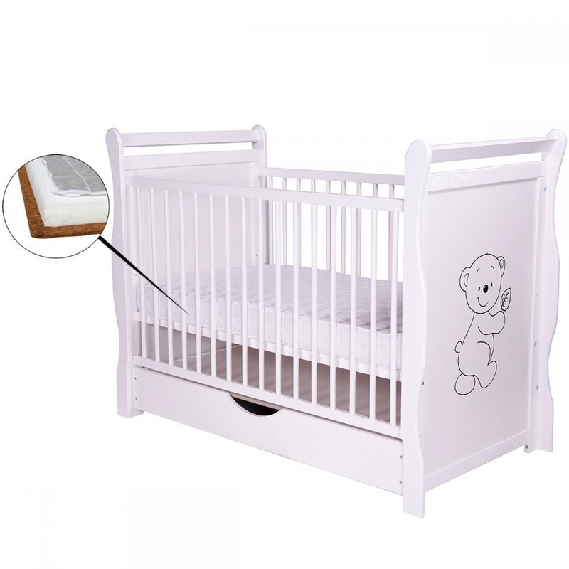 BabyNeeds Patut din lemn Jas Ursulet 120x60 cm cu sertar Alb + Saltea 9 cm