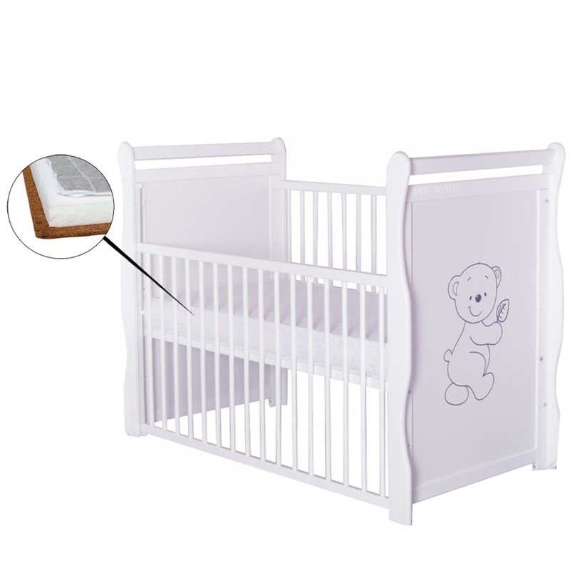 BabyNeeds Patut din lemn Jas Ursulet 120x60 cm cu laterala culisanta Alb + Saltea 9 cm